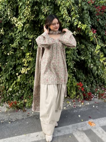 Image of ANNI Designer Farshi Salwar Suit for Women Cotton Printed | Kurta Dupatta Set for Woman | Straight Palazzo Outfit Round Neck V-Slit Long Sleeve Ethnic Dress Stylish Womens Clothing