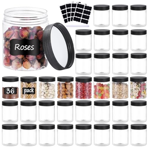 36PCS 8OZ Plastic Jars with Screw On Lids Labels Refillable Empty Round Slime Containers for Storing Dry Food Honey Jam Cream Butter Lotion (Black)