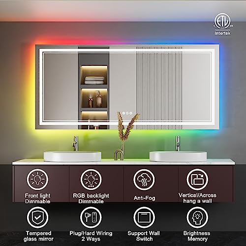 77x36 Inch RGB LED Bathroom Mirror with Lights, Color Changing RGB Backlit LED Mirror for Bathroom,Lighted Vanity Mirrors for Bathroom Wall, Dimmable, Anti-Fog (RGB Backlit+Front-Lit)