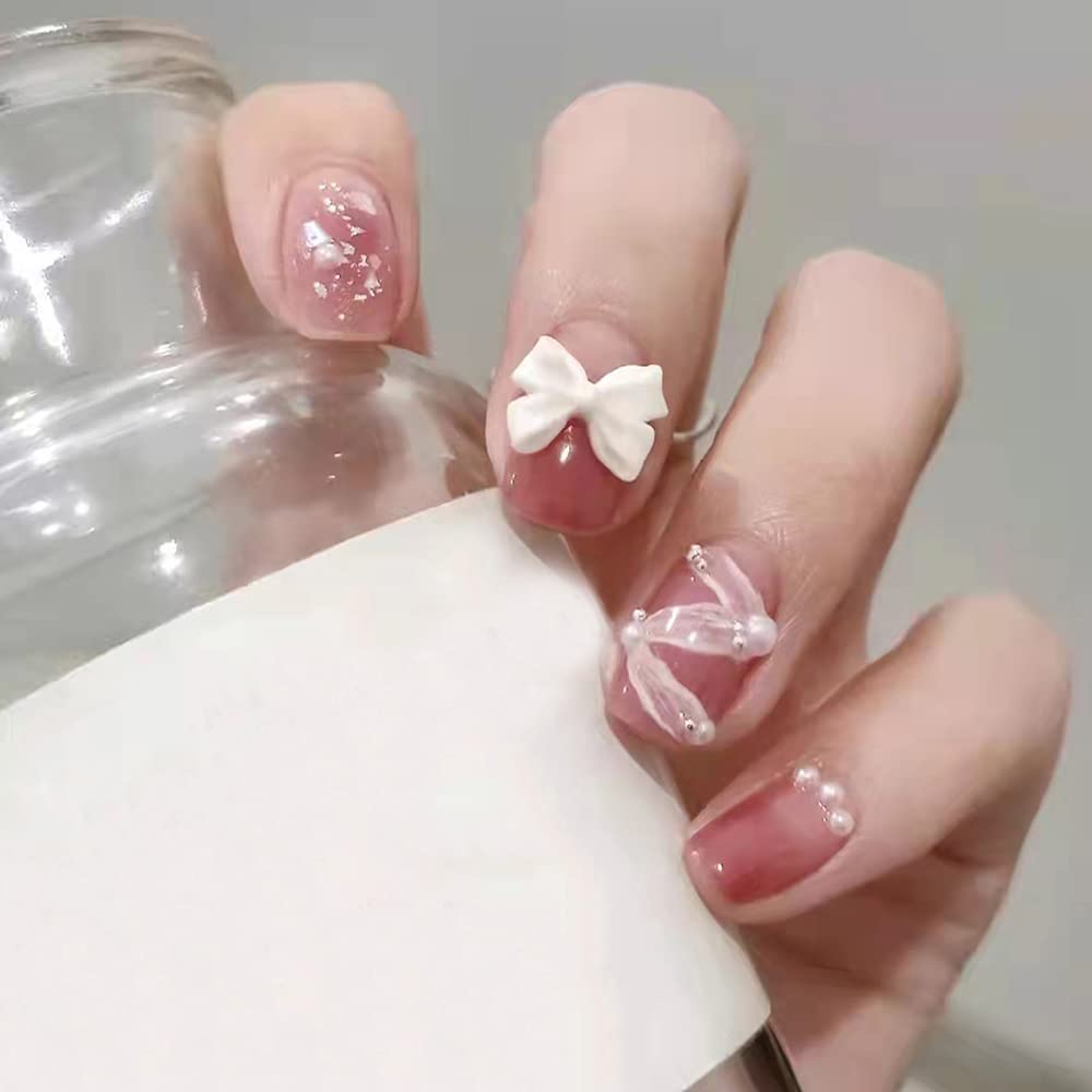 Amazon.com: Press on Nails Short Fake Nails French Ballet Gradient Red Bow  Tie Pearls Full Coverage Design Acrylic Nails for Exquisite Women and Girls  Nail Art Salon 24Pcs : Beauty & Personal