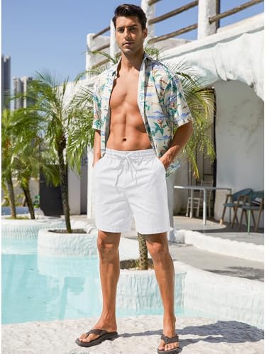 Image of RQP Mens Cotton Linen Shorts Casual Drawstring 7inch Inseam Shorts Stretch Summer Beach Wear
