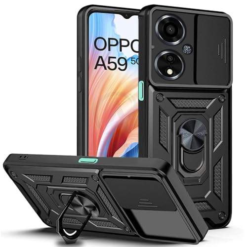 Image of AESTMO Tough Armor Oppo A59 5G Bumper Back Case Cover | Ring Holder & Sliding Camera Shield Cover | 360 Degree Protection Back Case Cover for Oppo A59 5G (Black)