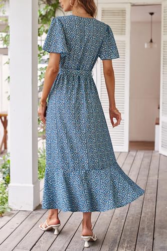 PRETTYGARDEN Women's Summer Floral Boho Maxi Dress Wrap Short Sleeve V Neck Ruffle A-Line Flowy Wedding Guest Long Dresses