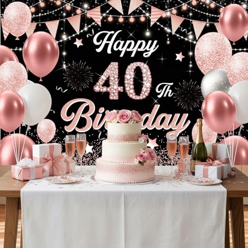 Image of 40th Birthday Decorations for Women - Happy 40th Birthday Banner Decorations Cheers to 40 Years Birthday Party Indoor and Outdoor Decoration Suppiles Pink Backdrop for 40th Birthday Party Favors Decor