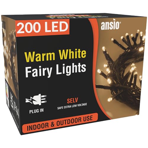 ANSIO® Christmas Lights 200 LED 20m/65ft Christmas Tree Lights for Indoor & Outdoor Warm White Decorations Fairy String Lights for Xmas Garden Bedroom & Party | Mains Powered Green Cable