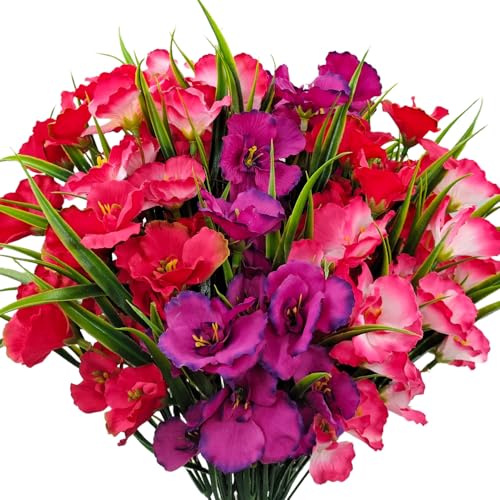 Guagb 8 Bundles Artificial Hibiscus Flowers for Outdoor Faux UV Resistant Fake Silk Plants Flower for Front Porch Pot Planters Garden Window Box Indoor Home Decor (Red Pink Purple Red)