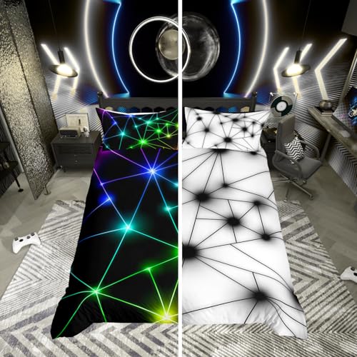 Image of Homewish Geometric Triangle Bedding Double Bed Set Reversible 3-Piece Duvet Cover, Abstract Neon Rays Printed Quilt Cover Retro Triangle Pattern Bed Sets for Teens Boys Girls Bedroom