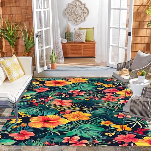 Tropical Floral Outdoor Rug Waterproof Orange Pink Green Boho Rugs 5x7 for Deck Porch Patio Balcony Backyard Washable Outside Area Rugs Thin Non Slip Mats Camping Poolside Garden Vibrant Modern Carpet - Image 5