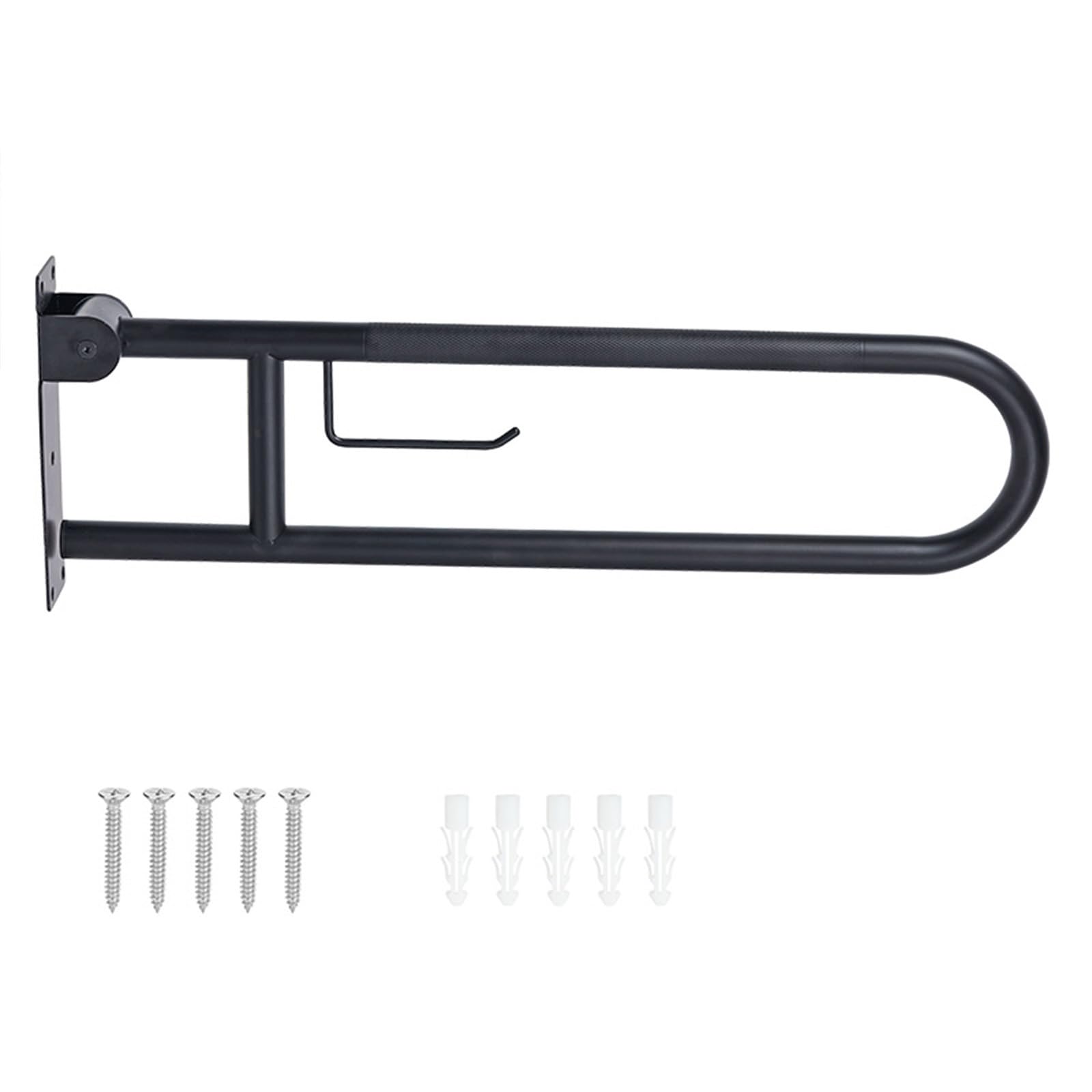 Maniglia per WC da 76 cm, nero opaco, pieghevole, con porta carta, barre antiscivolo zigrinate per WC, corrimano in acciaio inox per anziani disabili, anziani incinti