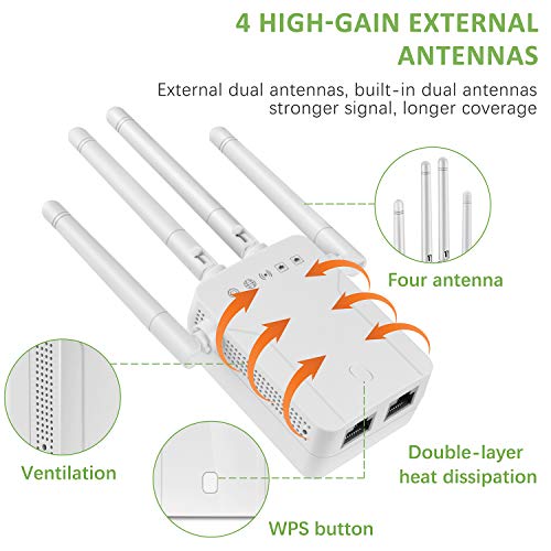 WiFi Range Extender-1200Mbps WiFi Repeater Wireless Signal Booster, 2.4 & 5GHz Dual Band WPS Wireless Signal 4 Antennas 360° Full Coverage (4 Antennas, White)