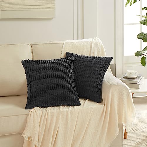 Fancy Homi 2 Packs Black Decorative Throw Pillow Covers 22X22 Inch For Living Room Couch Bed Sofa, Rustic Farmhouse Boho Home Decor, Soft Striped Corduroy Square Cushion Case 55X55 Cm #TOP5