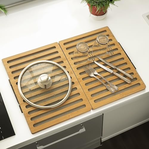 Escurreplatos de Madera Bambú y Piedra de Diatomita - Escurreplatos Plegable - Estético y Minimalista escurreplatos sobre Fregadero - Elegante escurridor Fregadero 3 Modos de Uso - Dish Drying Rack