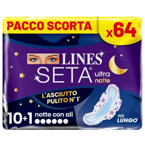 LINES SETA ULTRA NOTTE con ali, Pacco scorta da 64 assorbenti per ciclo mestruale,protezione per la notte, zero odori, Ipoallergenico, cuore lines super assorbente, filtrante seta con fori a imbuto