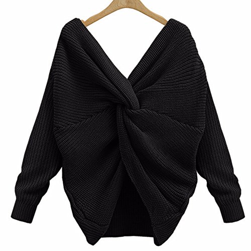 Sexyshine Women's Casual V Neck Criss Cross Backless Long Batwing Sleeve Loose Knitted Sweater Pullovers4