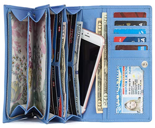 Image of Women's Top Grain Leather Wallet, RFID Blocking Bifold clutch, 17 Card Slots, Zip Pocket Organizer, Elegant Gift for Women - Birthday, Valentine, Anniversary - LIGHT BLUE