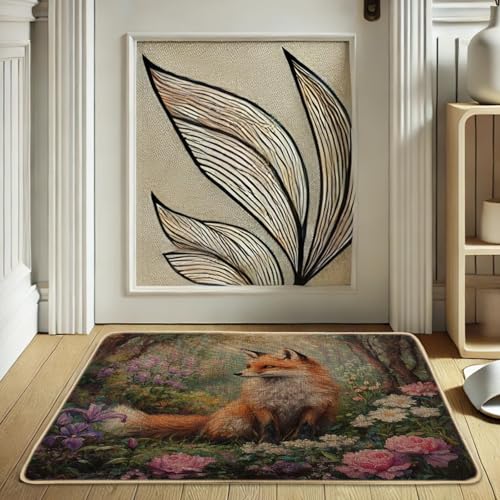Paillasson de renard floral de printemps, tapis de porte de renard orange pour entrée extérieure et intérieure, décoration de la nature, caoutchouc...
