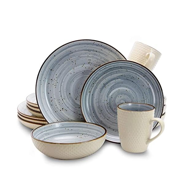 Elama Round Stoneware Luxurious Mellow Dinnerware Dish Set, 16 Piece, Speckle Powder Blue and White Elama Round Stoneware Luxurious Mellow Dinnerware Dish Set, 16 Piece, Speckle Powder Blue and White