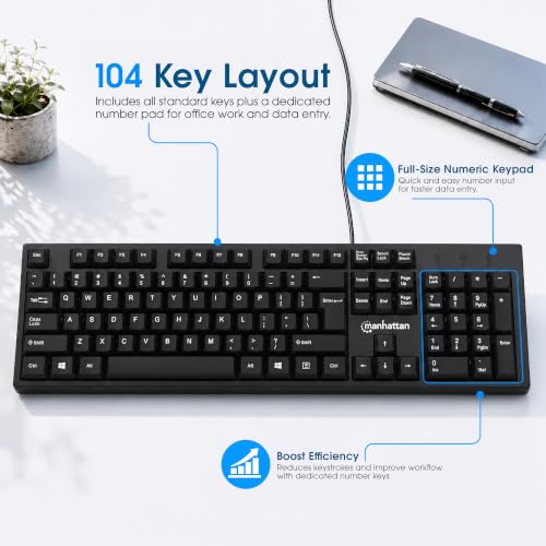 Image of Manhattan Wired Computer Keyboard - Basic Black Keyboard - with 4.5ft USB-A Cable, 104-keys, Foldable Stands - Compatible for Windows, PC, Laptop - 3 Yr Mfg Warranty - 179324