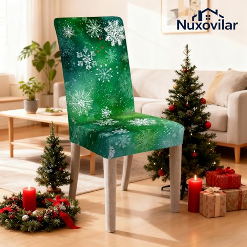 Image of Nuxovilar 2PCS Green Snowflake Stretch Chair Covers 23.6x70in | Holiday Slipcover Festive Protector Snowflake Wrap Seat Guard Dining Room Family Kitchen Dinner (Green Snowflake)