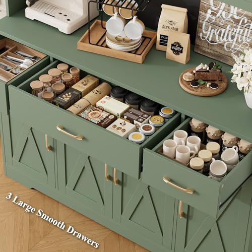 Image of HOSTACK 71 inch Tall Pantry Cabinet with Charging Station, 55 inch Wide Kitchen Pantry Storage Cabinet with Countertop, Large Kitchen Hutch with Storage Drawers and Microwave Stand for Dining Room, Green