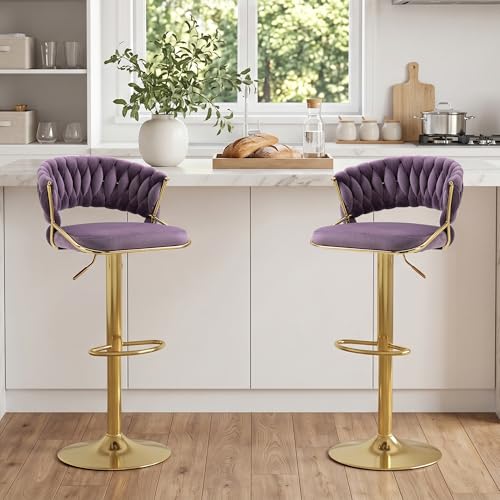Butacos Ajustables Giratorios de 2 Unidades, con Espalda Baja Tejida, Base Metálica Dorada y Reposapiés, Sillas Modernas de Terciopelo para Isla de Cocina, Color Púrpura/Dorado