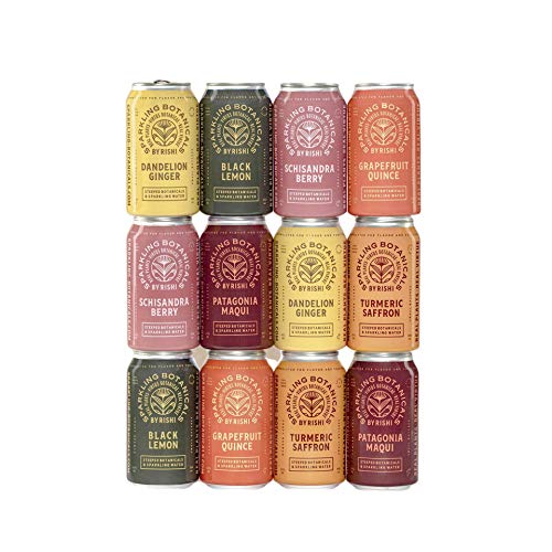 Rishi Tea Sparkling Botanicals Sparkling Water Sampler Pack - Black Lemon, Dandelion Ginger, Grapefruit Quince, Elderberry Maqui, Schisandra Berry, Turmeric Saffron - 12 oz (12 Pack, 2 of Each Flavor)