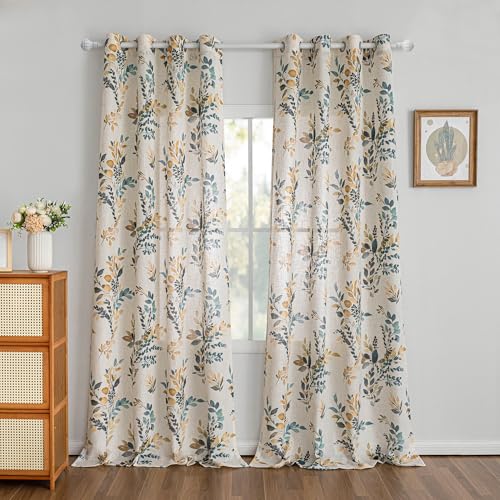 Image of MYSKY HOME 95 Inch Curtains Semi Sheer Linen Blended Window Curtain Panels for Living Room Light Filtering Privacy Protect Drapes Set Leaf Style Texture Soft Touch, 52 inch x 95 inch, Yellow and Blue, 2 Pcs