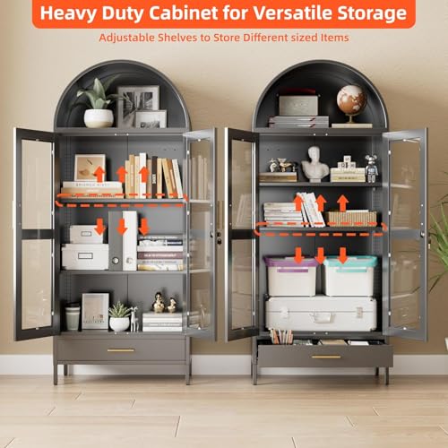 Image of 72.83 inch H Black Metal Arched Cabinet with 1 Drawer,Arched Cabinet with Glass Doors for Home Office Living Room, Assembly Required