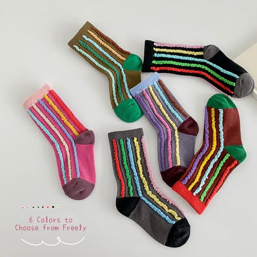 Toddler Girl Crew Socks Ribbed Cuffs Seamless Striped Rainbow Casual Socks 6 Pairs3