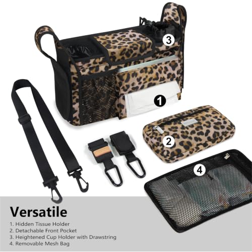 Image of TOPDesign Universal Baby Stroller Organizer, Stroller Caddy with Detachable Mesh Bag & Heightened Insulated Cup Holders & Non-Slip Secure Hooks Accessories, Fits Most Strollers (Leopard)
