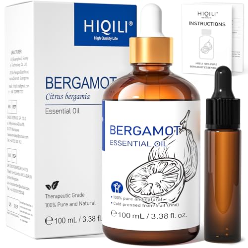 Image of HIQILI Bergamot Essential Oil for Diffuser, Skin, Hair, DIY, 100% Pure & Natural - 3.38 Fl Oz (100 mL)