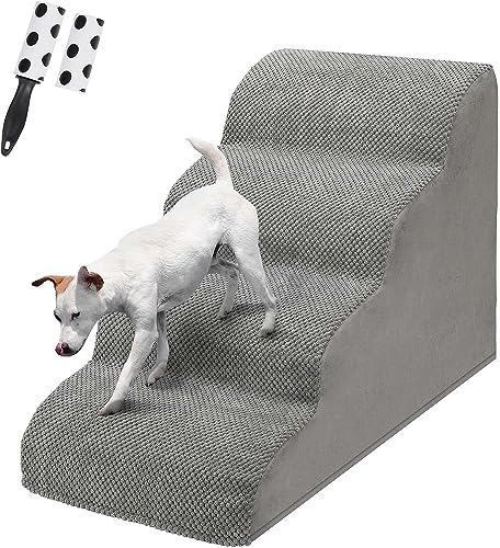 Escalera para perros de 4 peldaños para cama/sofá, escalera para mascotas LIANTRAL con espuma resistente de alta densidad y funda lavable y rodillo para eliminar el pelo de animales, reduce el estrés