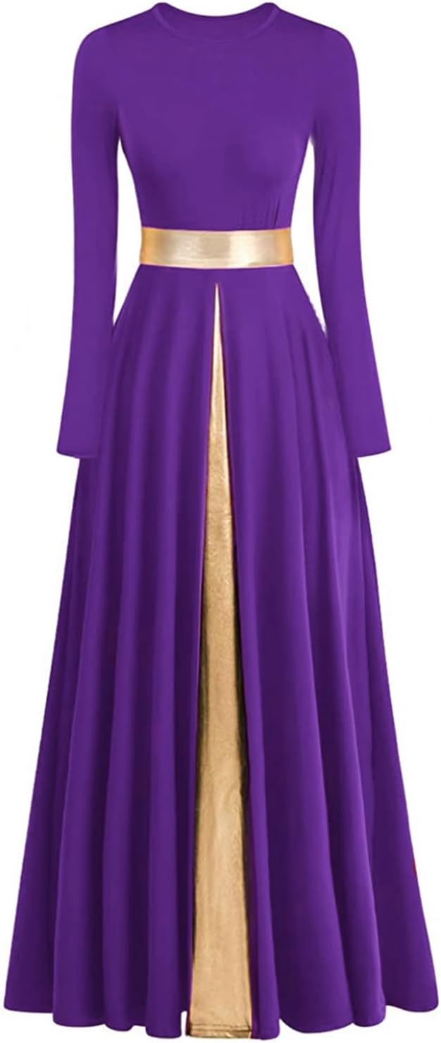Women's Praise Dance Dress Metallic Waistband Long Swing Liturgical Worship Church Robe Dress Lyrical Dancewear