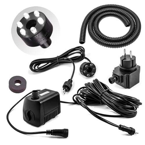 CLGarden Set Springbrunnenpumpe Wasserspielpumpe mit LED Beleuchtung, Schlauch, Dichtung für Quellstein Gartenbrunnen 12V