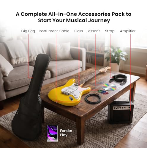 Image of Fender Squier Stratocaster - Graffiti Yellow Bundle with Amplifier, Gig Bag, Instrument Cable, Strap, Picks, and Austin Bazaar Instructional DVD