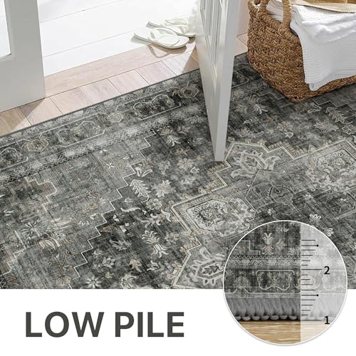 GENIMO 2x5 Runner Rugs for Hallway, Machine Washable Non Slip Vintage Rugs, Low Pile Lightweight Soft Print Rug for enrtyway, Corridor, Home Office, Kitchen, Charcoal Gray