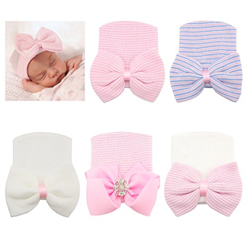 RareLove Newborn Hospital Hat with Stripe Bow Knot for Preemie Baby Girls Boys (5PCS)