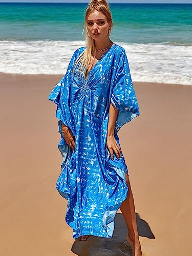 Image of sunforyou Kaftan Dresses for Women Plus Size Lightweight Swimsuit Cover up Batwing Sleeve Print Loungewear Beach Robe