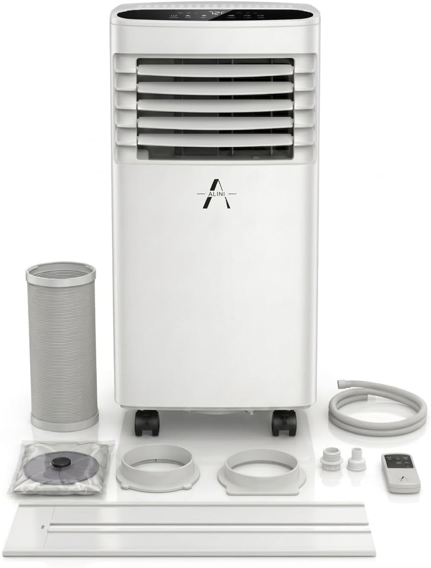 Alini White And Black 9000 Btu Portable Air Conditioner, 3-In-1 Cooling, Fan & Dehumidifier Unit With 24H Timer, Remote Control, Energy Class A, Includes 4M Hinge Window Seal & Sliding Kit For All Window Types