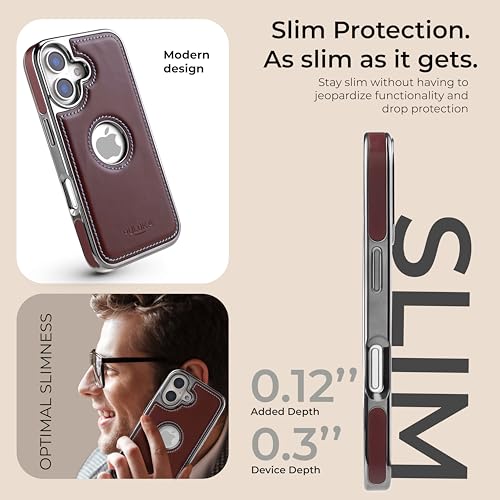 Image of PULOKA Chrome Leather Back Case - Compatible with iPhone 16 - Luxury Bumper Case - Flexible Vegan Leather - Electroplated Sides & Logocut - Full Camera Protetection & Raised Edges - Brown