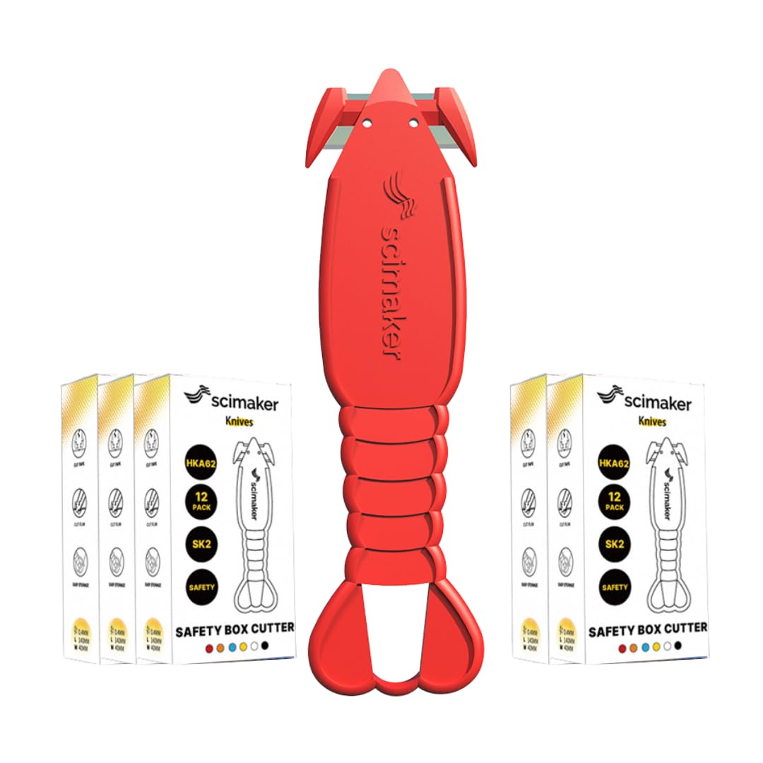 Scimaker Box Cutter Safety Knife for Work, Cute Lobster Concealed Blade Parcel Opener, Finger-Safe Unboxing Tool for Home & Office Desk, 60-Pack, Red Colour