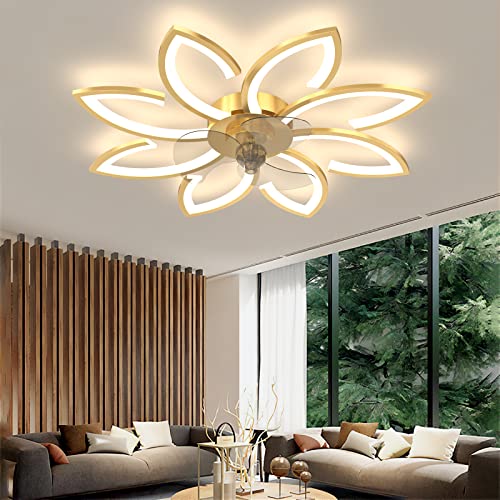 90cm Ventilador de Techo con Luz Silencioso Flor Moderna Lampara Ventilador Techo con Mando/APP Regulable Reversible Verano Invierno Ceiling fan with Light para Dormitorio Salón, Dorada