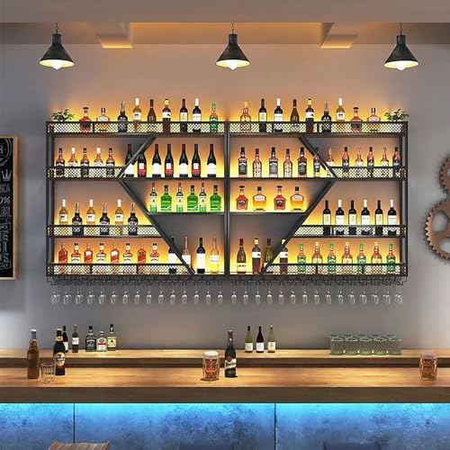 Casier à vin mural avec éclairage LED – Présentoir en métal et support en verre pour la maison, le bar et la cuisine