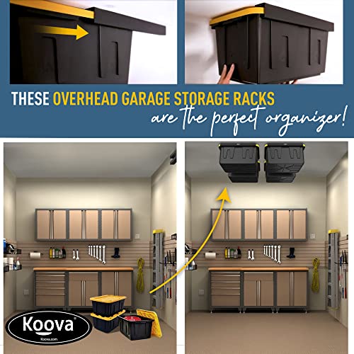 Image of Koova Heavy-Duty Overhead Garage Storage Rack for 4 Bins. Adjustable Width, 160lb Capacity. DIY Safe Ceiling Mount, Easy Install. Fits 27-Gallon Totes. USA Made Pro-Grade Steel. Space Saving Organizer