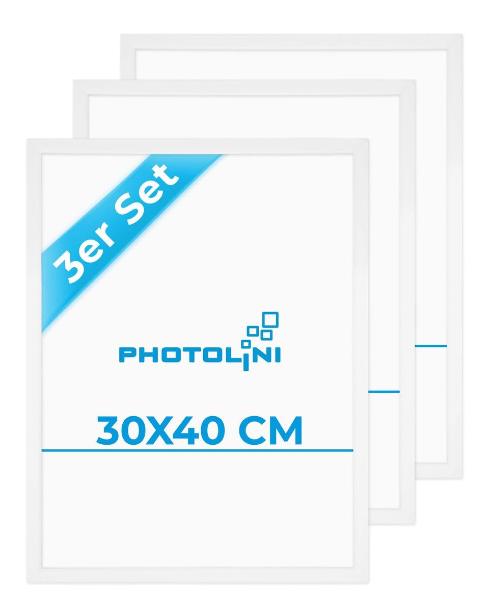 PHOTOLINI Cornici 30x40 cm bianco legno MDF, set di 3 cornici per poster, plexiglass infrangibile, da parete, accessori extra inclusi - per foto, immagini e poster