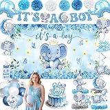 Elephant Baby Shower Decorations Banner, It's a Boy Backdrop, Foil & Latex Balloons, Mommy to Be Sash, Cake & Cupcake Toppers, Honeycomb Centerpieces, Hanging Swirls for Boy Baby Shower Decorations
