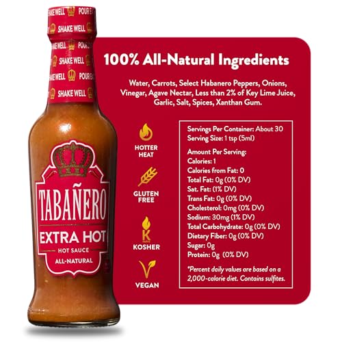 Image of Tabanero Extra Hot Sauce, Made in the USA, Sodium, Small Glass Bottle, 5 oz