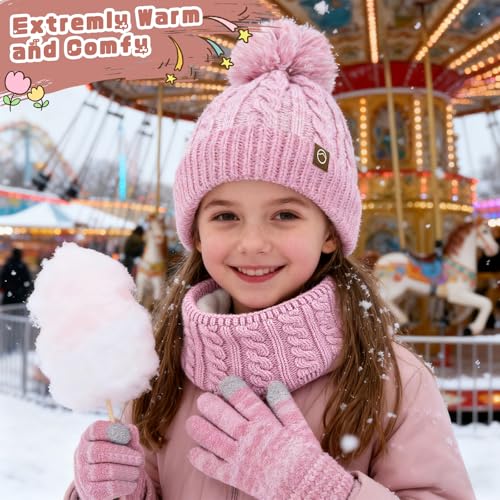 Image of ZOORON Kids Winter Hat Gloves Scarf Set, Girls Boys Hats Beanie with Pom | Children Knit Neck Warmer Mittens Fleece Lined Set Ages for 3-15, Kids Birthdays and Christmas Gifts