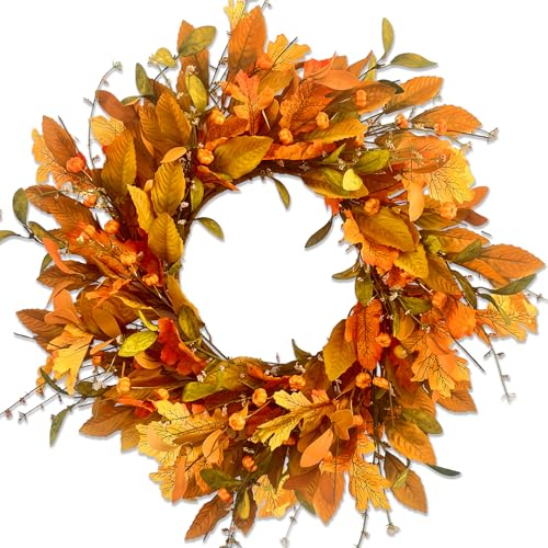 Consevisen Fall Wreaths for Front Door, 22 inch Autumn Wreath with Fallen Leaves Oak Leaves Small Pumpkin, Fall Door Wreath for Thanksgiving Halloween Farmhouse Indoor Outdoor Decor Outside
