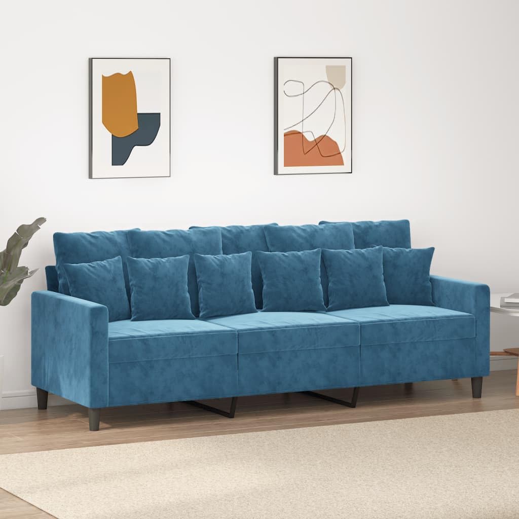 Sofa 3-osobowa, szerokość 180 cm, niebieski aksamit, metalowa rama, przytulna tapicerka, do salonu, nowoczesne wzornictwo, wytrzymała i stabilna